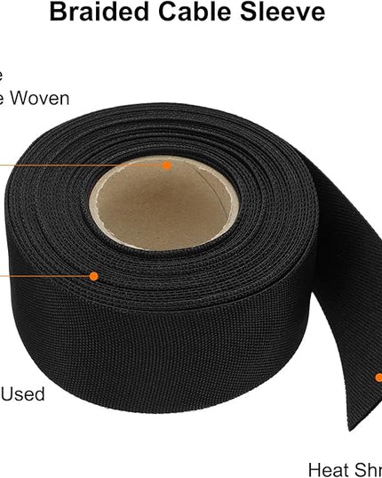 MECCANIXITY Braided Cable Sleeves Heat Shrinkable Fabric Sleeving, 1 9/16" 33ft Black 2:1 Ratio Heat Shrinkable Cord Protector for Harness Cable, Network Cable Protection, Cable Management