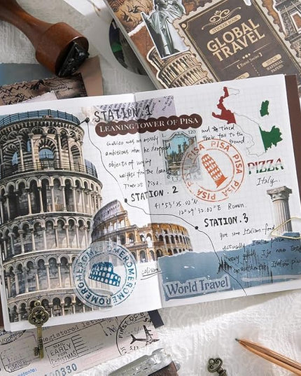 Prstincol Vintage Aesthetic Washi Stickers and Papers for Scrapbooking, 50 Sheets Ephemera Book for Art Journaling with Retro Global Travel Theme Stickers and Decoupage Papers for Junk Journal
