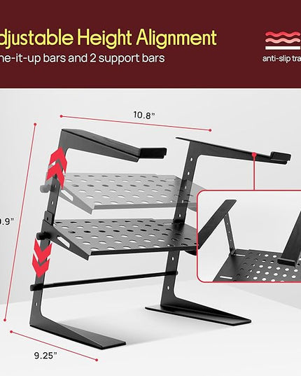 Pyle Adjustable Laptop Stand - Desk Riser for Laptop, CD Player/Controller, EFX Machine or Lighting Controller, with Shelf Storage, 4 Easy Line-It-Up Height Adjustments