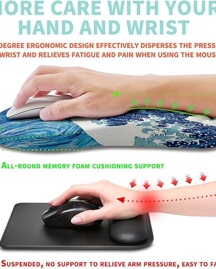 Ergonomic Mouse Pad Wrist Support with Memory Foam Massage Bulge, Carpal Tunnel Pain Relief Mousepad Wrist Rest for Mouse(12x8 inch,Wave Starry)