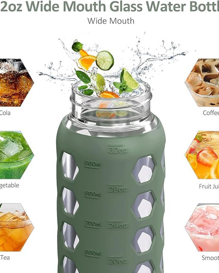 MUKOKO 32oz Glass Water Bottles with 2 Lids-Handle Spout Lid&Bamboo Straw Lid, Motivational Water Tumbler with Time Marker Reminder and Silicone Sleeve, Leakproof-Olive-1 Pack