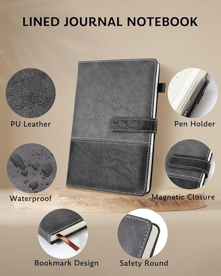 HULIPARK Leather Notebook Journal with Pen, A5 Lined Hardcover Notebook with Magnetic Closure, 240 Pages Daily Journal for Men Women, Ruled Journals Notebooks for Work, Writing, Note Taking - Black