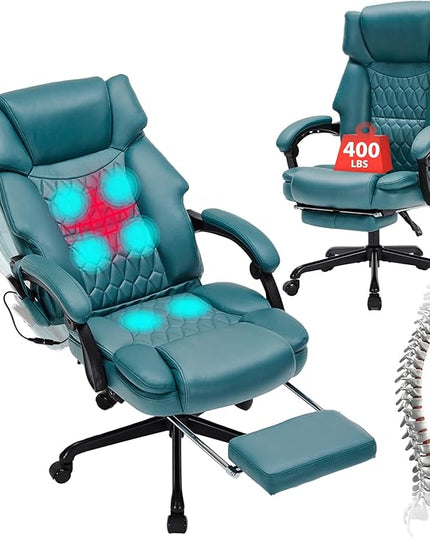 Massage Office Chair with Foot Rest 6 Points Vibration and Heat Home Office Desk Chairs for Heavy People 400lbs Reclining Managerial Chairs Ergonomic Executive Chair (Teal Blue)