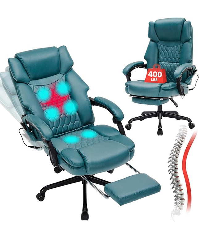 Massage Office Chair with Foot Rest 6 Points Vibration and Heat Home Office Desk Chairs for Heavy People 400lbs Reclining Managerial Chairs Ergonomic Executive Chair (Teal Blue)