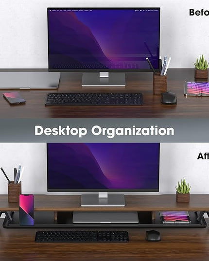 Fenge Dual Monitor Stand, Monitor Stands Riser for 2 monitors, 42.5 Inch Wood Desk Shelf with Storage Organizer and Cable Management for Office Desk Accessories