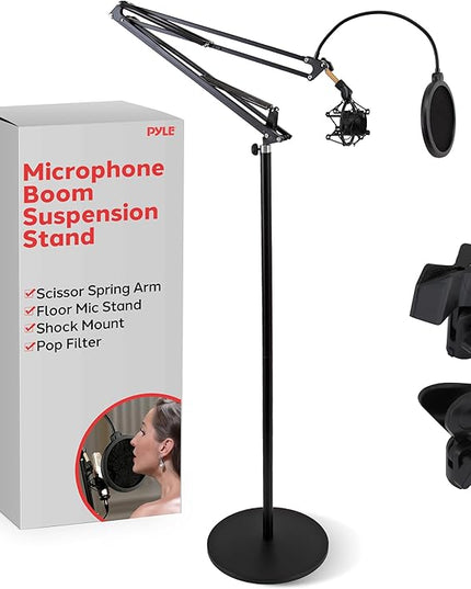 Pyle Microphone Boom Suspension Stand - Scissor Arm Mic Mount w/Shock Mount, Integrated Pop Filter, 3.1' ft. Max Extension, Suitable for Podcast Recording, Broadcasting, Streaming, Stage & Studio Use