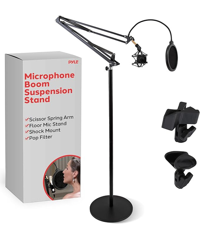 Pyle Microphone Boom Suspension Stand - Scissor Arm Mic Mount w/Shock Mount, Integrated Pop Filter, 3.1' ft. Max Extension, Suitable for Podcast Recording, Broadcasting, Streaming, Stage & Studio Use