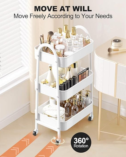 EAGMAK 3 Tier Rolling Cart Under Desk, Large Metal Storage Cart with Handle and Lockable Wheels, Big Multifunctional Storage Organizer Trolley for Kitchen, Living Room, Office, Garage (White)