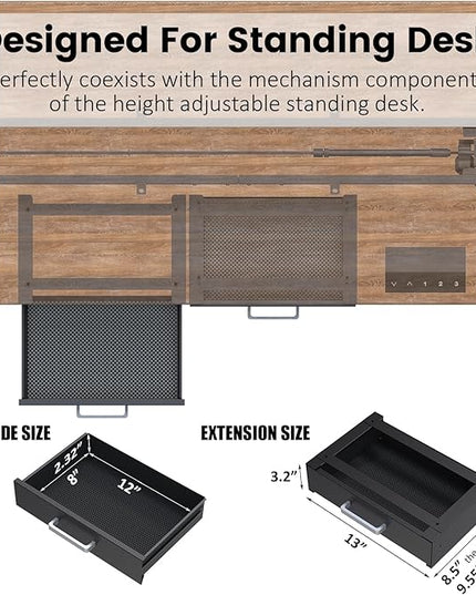 UNITEDPOWER Under Desk Drawer Storage, Pull-Out Office Hidden Counter Drawer, Metal Sliding Organizer Mount Below Table for Standing Electric Adjustable Height Desk, Black