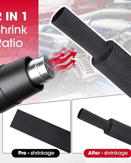 Black 2:1 Ratio Automotive Heat Shrink Braided Sleeving,Wear-Resistant Flat Woven Shrinkable Sleeve Fabric Car Cable Wires Hoses Protection (2''-35ft)