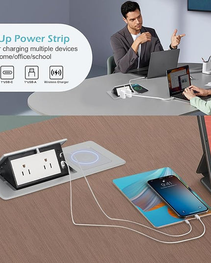 Pop Up Outlet with 15W Wireless Charger, Power Strip with 2 AC Outlets, USB A and USB C Charging Ports Recessed Multimedia Strip Socket Hidden Table Connection Box with Outlet (Sliver-F-Wireless)