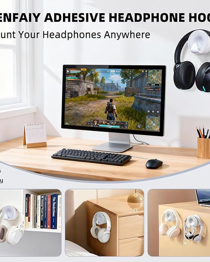 Aenfaiy Headphone Holder Wall Mounted, Under Desk Adhesive Headphone Hook, White Gaming Headset Stand Hanger for Desk with Cable Hook, Fits Slim On-Ear & Over-Ear Headphones| Headband Width Up to 30mm
