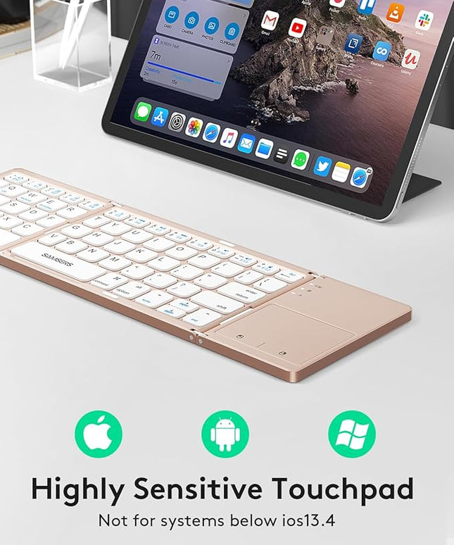 Samsers Foldable Bluetooth Keyboard with Touchpad - Portable Wireless Keyboard with Holder, Rechargeable Full Size Ultra Slim Pocket Folding Keyboards for Android Windows iOS Tablet & Laptop - Pink