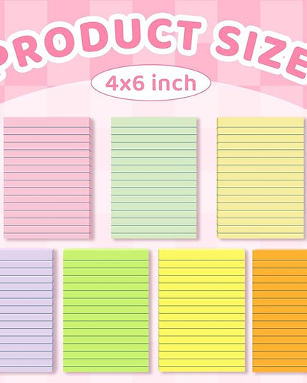 (15 Pads) Lined Sticky Notes 4x6 in Post, 7 Pastel Colors with Lines Self-Stick Note Pad it, Strong Adhesive, Big Rectangular Sticky Pads for Office, Home, School, Meeting