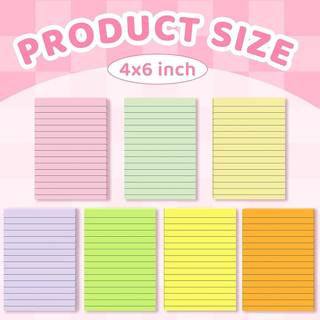 (15 Pads) Lined Sticky Notes 4x6 in Post, 7 Pastel Colors with Lines Self-Stick Note Pad it, Strong Adhesive, Big Rectangular Sticky Pads for Office, Home, School, Meeting