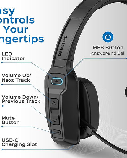 Philips Trucker Bluetooth Headset with Mic, Wireless Single Ear Trucker Headset with AI Noise-Canceling Microphone & Mute Button, All Day Extended Playtime, Headphones for Truck Drivers, Home, Office