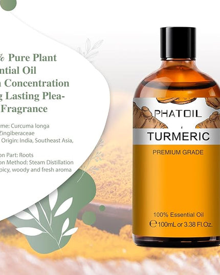 Turmeric 3.38fl.oz Essential Oil, PHATOIL Pure Aromatherapy Oils for Diffuser, Humidifier, Perfect for DIY Soap, Candle, Bath Bombs Making(100ml)