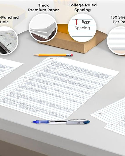 Rosmonde 6 Pack Loose Leaf Paper, 900 Sheets, College Ruled, 8" x 10.5", 56 gsm Bulk Office Filler Paper, 150 Sheets/Pack, 3 Hole Punched, College Ruled Paper for 3 Ring Binder, Notebook Paper, White