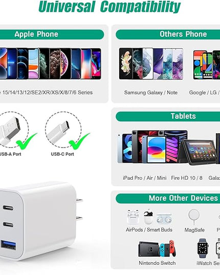 [3Pack] iPhone 17 16 15 Fast Charger Block 35W 3-Port Fast USB C Charger Block Multiport Double Port PD+QC Wall Plug Compatible with iPhone 17/17 Pro/16 ProMax/16 Plus/iPhone 15/15Pro/15 ProMax/14/13