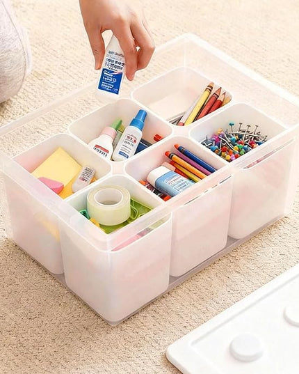 loobuu Plastic Storage Bins with Lids, Art Craft Supply Organizer Box with Brush Pot, Multipurpose Stackable Storage Containers for Organizing Tool, Craft, Crayon,Sewing(White)