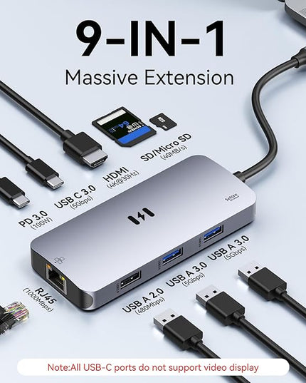 USB C Adapters for MacBook Pro/Air, Selore 9 in 1 USB C Hub with 4K HDMI, 2 * 10Gbps USB-C 3.1 GEN2 Port, 1Gbps Ethernet, USB 3.1 10Gbps Data Ports, 2*USB 3.0 dongle for Dell, HP and More