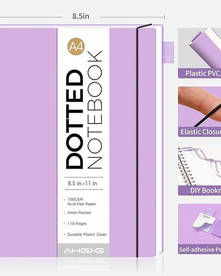 AHGXG Bullet Dotted Journal - Dot Grid Spiral Notebook 8.5" x 11", A4 Large Dotted Notebook, 100 GSM Thick Paper, Waterproof Plastic Cover Journals for Bullet Journaling, Sketching, Purple