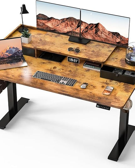 Kingant 55 x 30 Inch Standing Desk with Drawers, Adjustable Height Electric Sit Stand Desk with Storage Shelf, Rising Stand Up Computer Desk for Home Office Workstation, 3 Preset Heights(Rustic Brown)