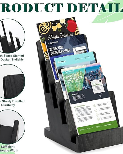 2 Pack 4 Tier Wood Brochure Holder Stand 6 x 9 inch Black Literature Holder Flyer holder for 5.5 x 8.5 inch 5 x 7 inch Booklets Pamphlets Menus Magazines Multi Purpose Organizer