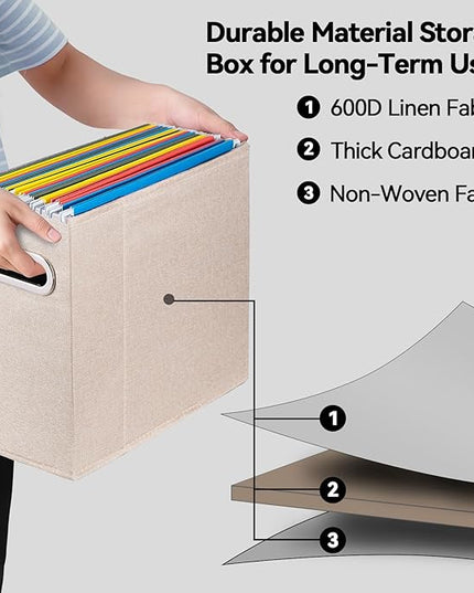 4 Packs Letter Size File Organizer, File Folders Organizer, Fabric Storage Box, Collapsible Paper Organizer with Metal Handle, Smooth PVC Rails, Only Box (Beige)
