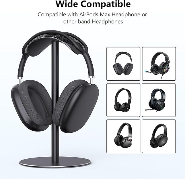 Headphone Stand for AirPods Max, Headset Stand for Desk with Curved Headphone Rest & Anti-Slip Base, Aluminum Alloy Headphones Holder for On-Ear/Over-Ear Headphone/Gaming Headset, Black