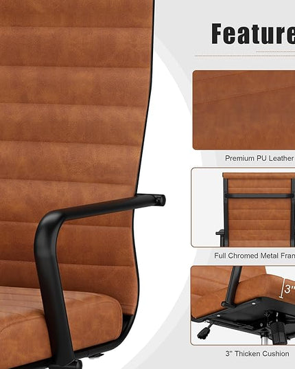 Okeysen Leather Office Desk Chair, Mid-Century Modern Leather Conference Room Chairs, Ergonomic Executive Ribbed Height Adjustable Swivel Rolling Chair for Home Office.