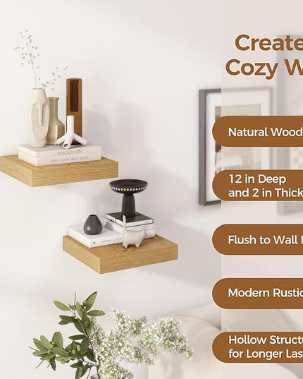 Fun Memories 12 Inch Floating Shelf, Rustic Wood Wall Shelves for Wall Decor & Storage, 12 x 12 Floating Shelf for Living Room, Bathroom, Bedroom, Oak, Set of 2