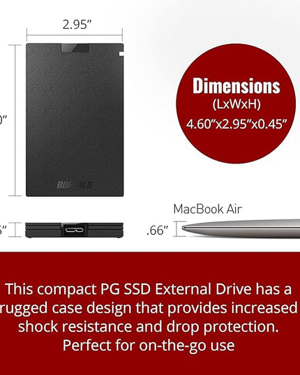 BUFFALO External SSD 500GB - Compatible with PS4 / PS5 / Windows/Mac - USB-C - USB-A - USB 3.2 - External Solid State Drive - ‎SSD-PG500U3B