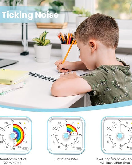 InfPokid Visual Timer for Kids with Pause Function, Cute Silent Timer with Rainbow for Classroom, Teaching, Task, Kitchen, 60 Minute Countdown Time Management for ADHD (Rainbow Blue)