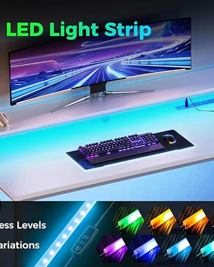 AODK 52 Inch Gaming Desk with USB Charging Ports & LED Light- Reversible Computer Desk with Storage Shelves & Monitor Stand, Modern Gamer Desk Table with Fabric Drawers & Side Hook, Carbon Fiber White