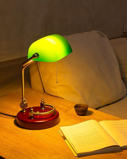 Bankers Lamp, Traditional Green Desk Lamp with Solid Birch Wood Base, Green Glass Antique Library Lamp with Pull Chain Switch, Plug in Vintage Bankers Desk Lamp for Office, Study Room 【E26 Socket】