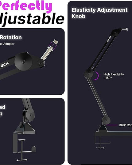 IXTECH Microphone Boom Arm Stand, Heavy Duty Adjustable Mic Stand with Cable Ties, Desk Mount Arm Stand for Gaming Streaming Podcasting.