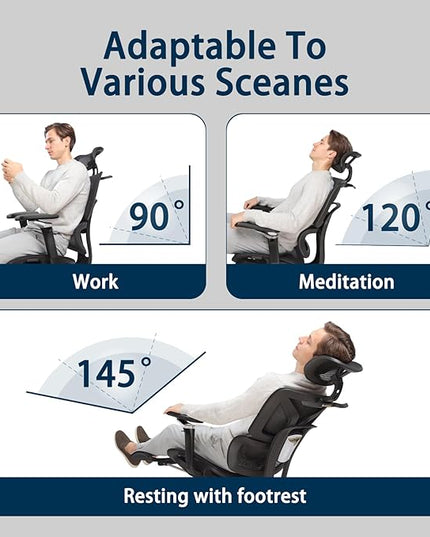 Big and Tall Ergonomic Office Chair with Footrest, 5D Adjustable Armrests, Lumbar Support, Mesh Reclining Swivel Chair for Home Office or Gaming, Adjustable Seat Depth, S3 Elite Pro Black