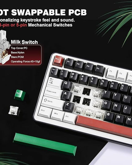 YUNZII B75 PRO Wireless Mechanical Keyboard,75% Layout with Knob,Hot Swap Gasket Custom Structure,Creamy Pre-lubed Switches,RGB Backlit,Bluetooth/Type-C/2.4G for Win/Mac(Milk Switch,Black)