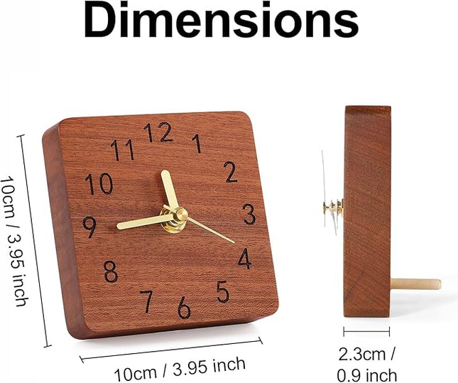 Kattepote Wooden Table Clock on Stand, Decorative Battery Operated Desk and Shelf Clock, Silent Non-Ticking Desktop Clock for Office, Living Room or Bedroom Decor, Square Shape, Sapele Wood
