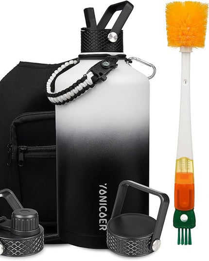 Insulated Water Bottle 128oz,Triple Wall Vacuum Stainless Steel(Dishwasher Safe),Leak Proof & Non-BPA,Flask Jug with Paracord Handle & Straw Spout Lids Sports Gradient black