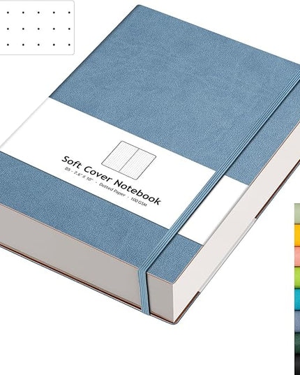 AHGXG Bullet Dotted Journal - 320 Pages Dot Grid Notebook B5 Large Journal, 100gsm Thick Dotted Paper, Leather Softcover, with Journal Stencils, Inner Pocket, 7.6'' X 10'' - GrayBlue