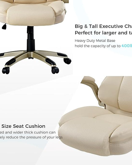 EUREKA ERGONOMIC Galene Executive Office Chair Flip Up Arm Rest, Ergonomic Desk Chair Faux Leather Computer Chair, High Back Office Chair with Headrest, Home Office Desk Chairs with Wheels, Beige