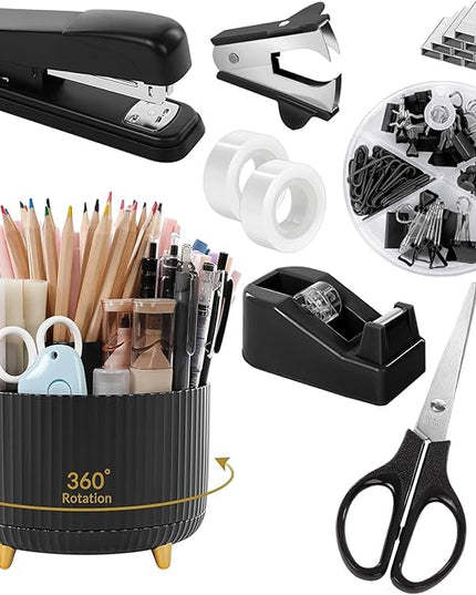 SKYDUE Black Office Supplies, Black Office Desk Accessories 10PCS, Pencil Holder for Desk, Stapler, Tape Dispenser, Scissors, Ruler, Clips and 1000pcs Staples, Desk Supplies Set