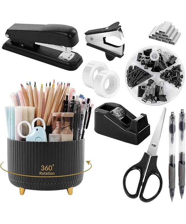 SKYDUE Black Office Supplies, Black Office Desk Accessories 10PCS, Pencil Holder for Desk, Stapler, Tape Dispenser, Scissors, Ruler, Clips and 1000pcs Staples, Desk Supplies Set