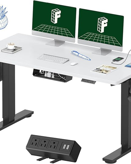 FLEXISPOT EN2 Whole-Piece Standing Desk with Clamp Power Strip, 55 x 28 Electric Stand Up Height Adjustable Desk with Cable Management (Black Frame + 55" White Top, 2 Packages)