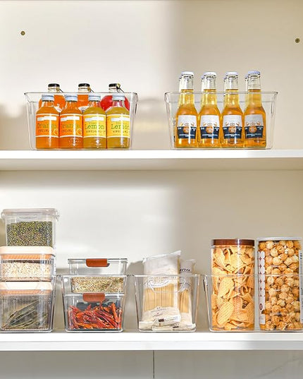 12 Pack Middle Organizers and Storage, Pantry Organization and Storage Bins, Cabinet Organizer, Clear Plastic Storage Containers with Handle，Acrylic Storage Bins for Cabinet, Fridge