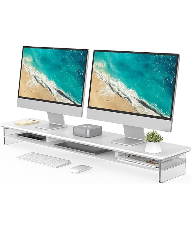 Fenge Acrylic Monitor Stand Riser, 42.5 Inches Dual Monitor Stand with Metal Storage, 2 Tier Acrylic Computer Riser for Desk, Clear Laptop Stand for PC, Laptop, Printer, TV, White