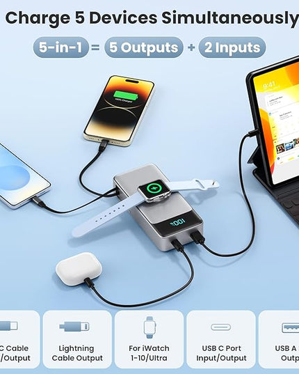 5-in-1 Portable Charger for iPhone,40800mAh Power Bank Built-in Retractable Cable and iWatch Charger,25W PD QC4.0 Fast Charging Battery Pack,Travel Essential Phone Charger for iPhone 17/16/15,Android