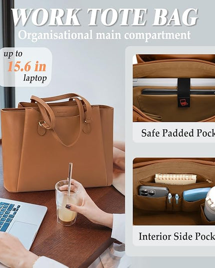 RAINSMORE Laptop Bag for Women 15.6 Inch Work Tote Bags Waterproof Computer Bags Leather Professional Laptop Purse Womens Laptop Briefcase Large Handbag for Office Teacher Travel, Brown